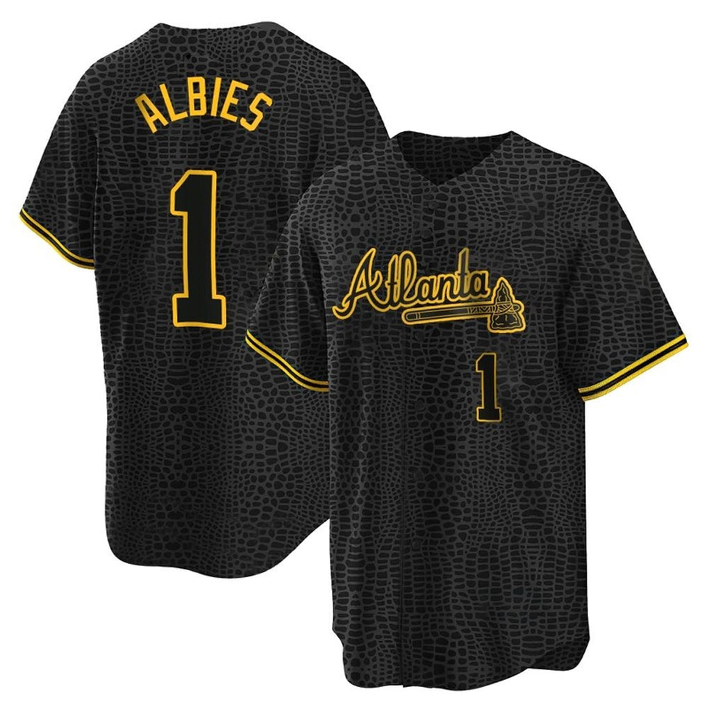 A.Braves #1 Ozzie Albies Player Black Snake Skin City Home Game Gdoa Stitched Jerseys