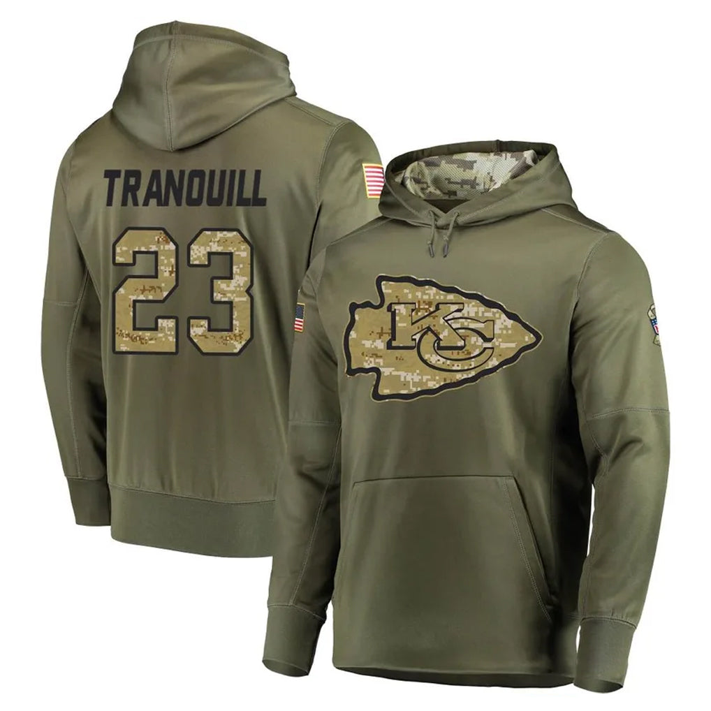 KC.Chiefs #23 Drue Tranquill Player Olive Salute to Service Pullover Hoodies Home Game Gdoa Stitched Jerseys