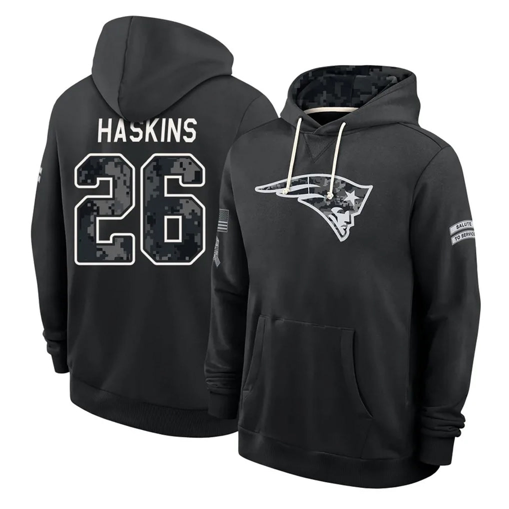 NE.Patriots #26 Hassan Haskins Player 2026 Black Logo Pullover Hoodies Limited Game Gdoa Stitched Jerseys