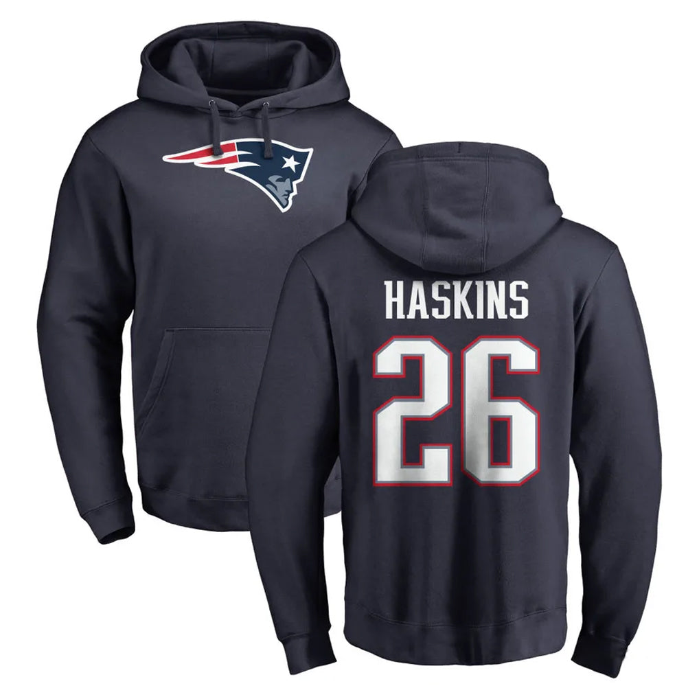 NE.Patriots #26 Hassan Haskins Player Navy LOGO Pullover Hoodies Home Game Gdoa Stitched Jerseys