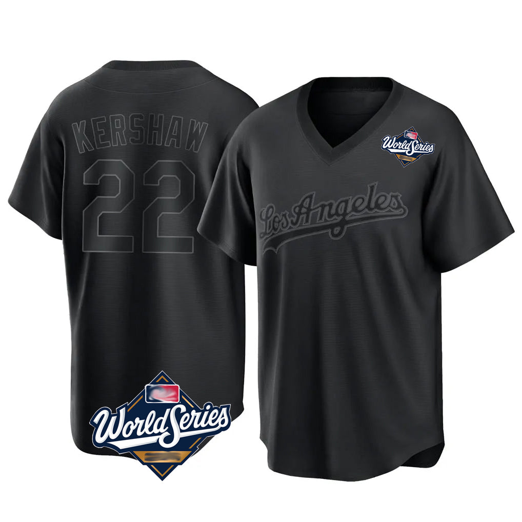 LA.Dodgers #22 Clayton Kershaw Player Black World Series Pitch Fashion T-shirt Fdoa Stitched Jerseys