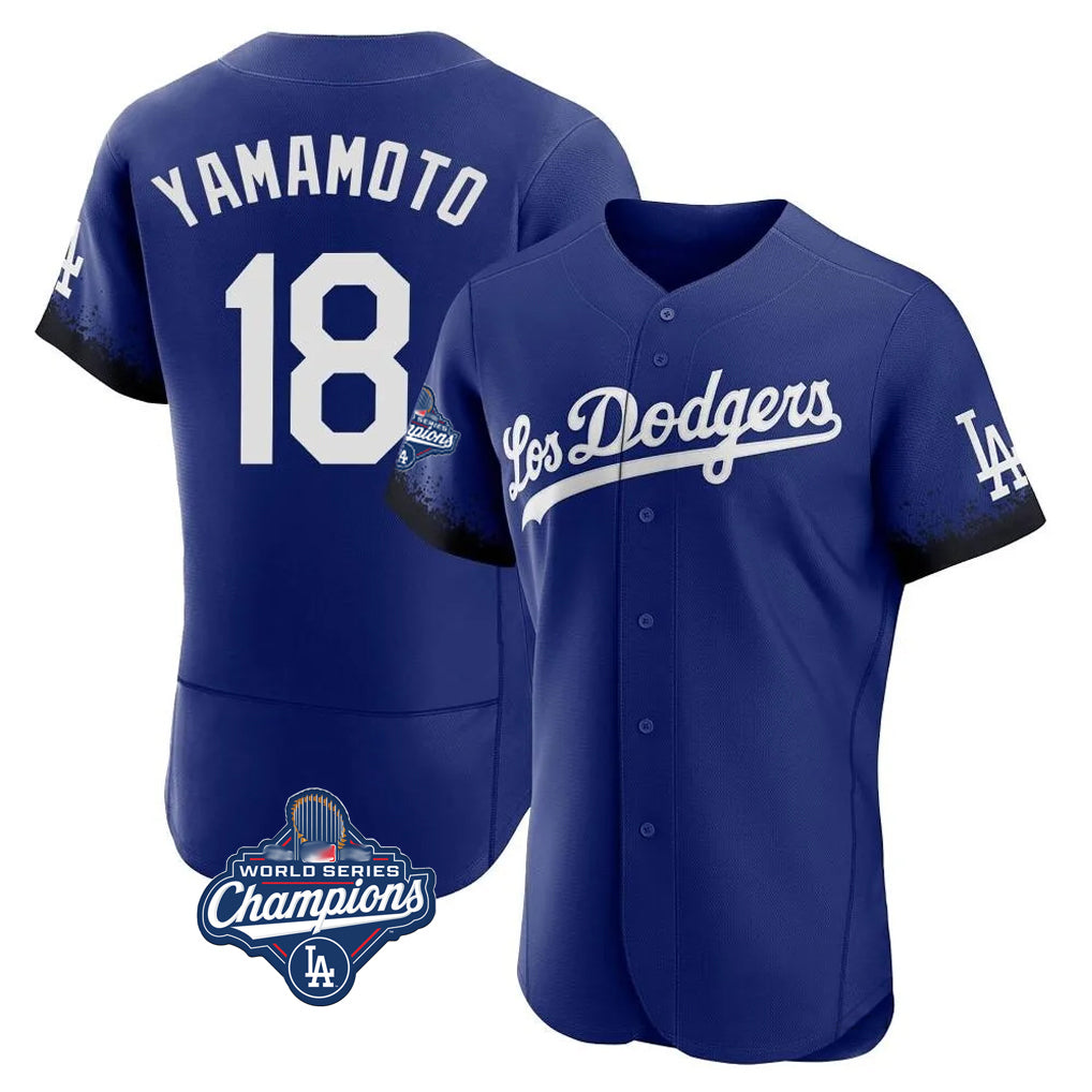 LA.Dodgers #18 Yoshinobu Yamamoto Player Royal World Series Meet City Connect Elite Home Fdoa Stitched Jerseys