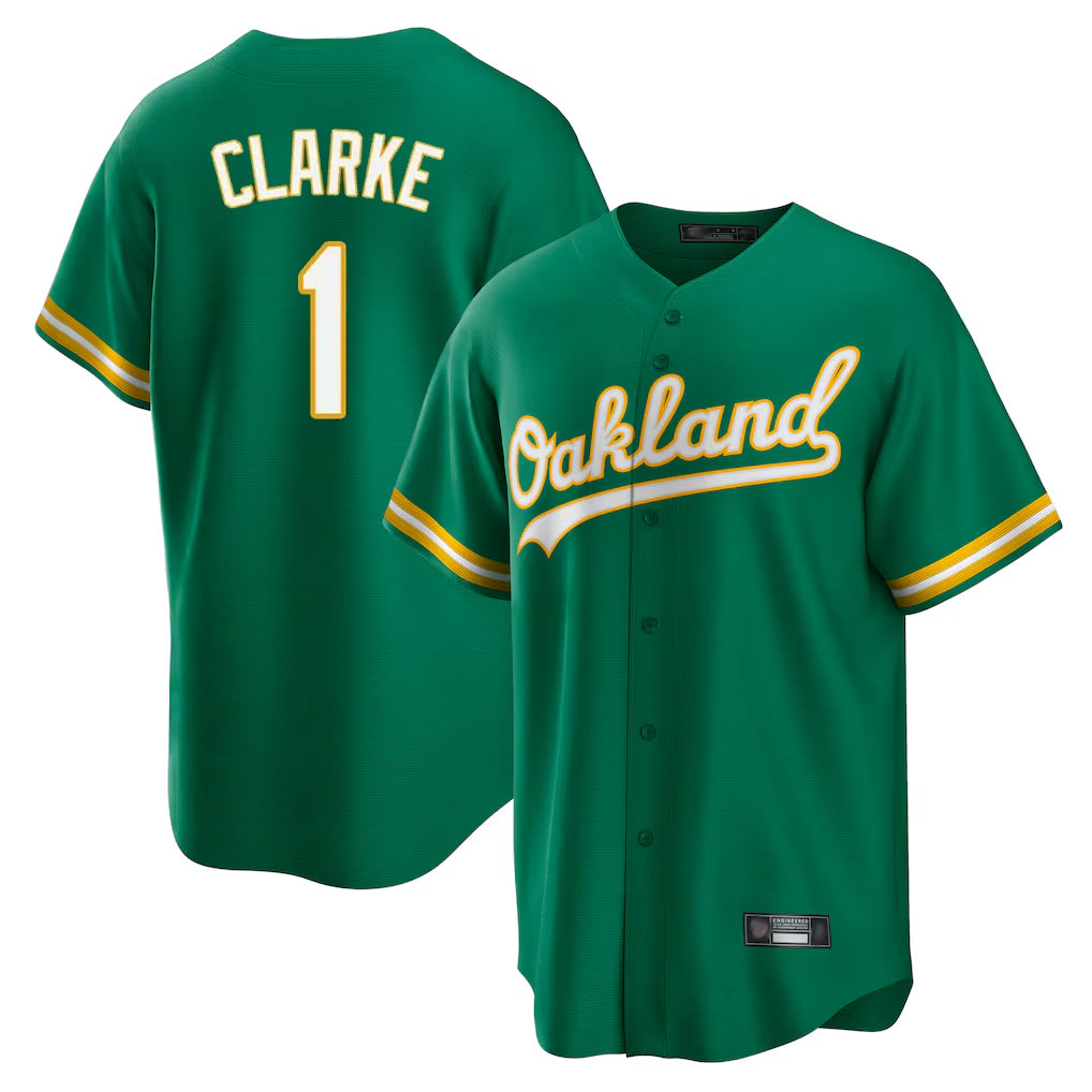 Athletics #1 Denzel Clarke Player Kelly Green Home Game Gdoa Stitched Jerseys