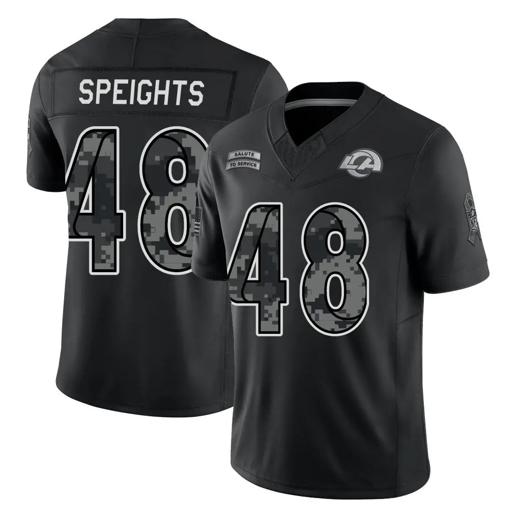 LA.Rams #48 Omar Speights Player Black Limited 2026 Salute to Service Home Game Gdoa Stitched Jerseys