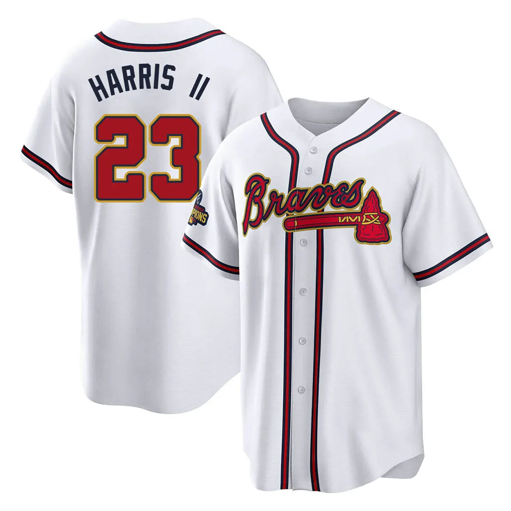 A.Braves #23 Michael Harris II Player White Gold Home Game Gdoa Stitched Jerseys