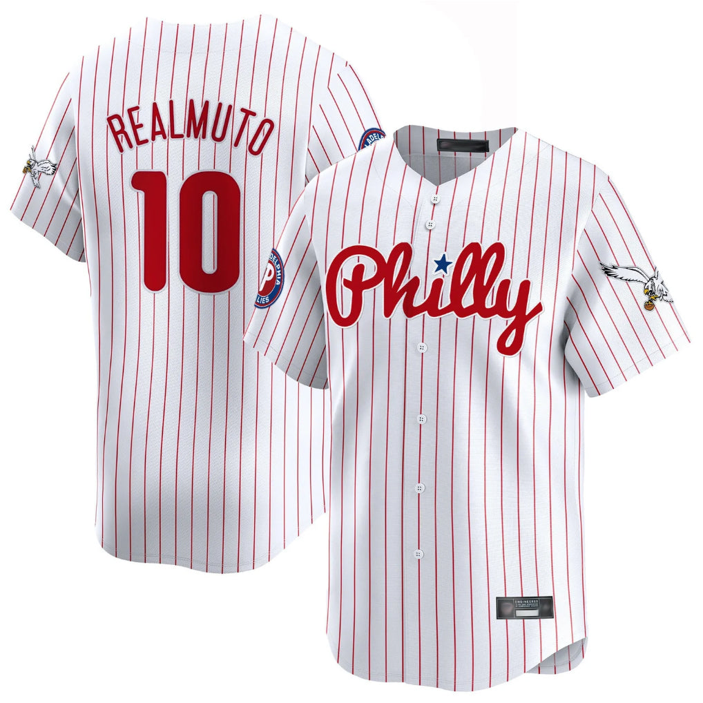 P.Phillies #10 J.T. Realmuto Player White Pinstripe Phillies & Eagles Vapor Premier Limited Fdoa Stitched Jerseys