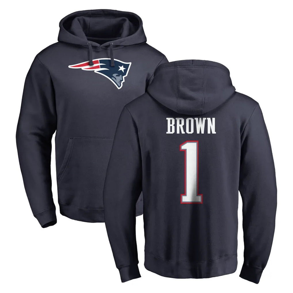 NE.Patriots #1 A.J. Brown Player Navy LOGO Pullover Hoodies Home Game Gdoa Stitched Jerseys