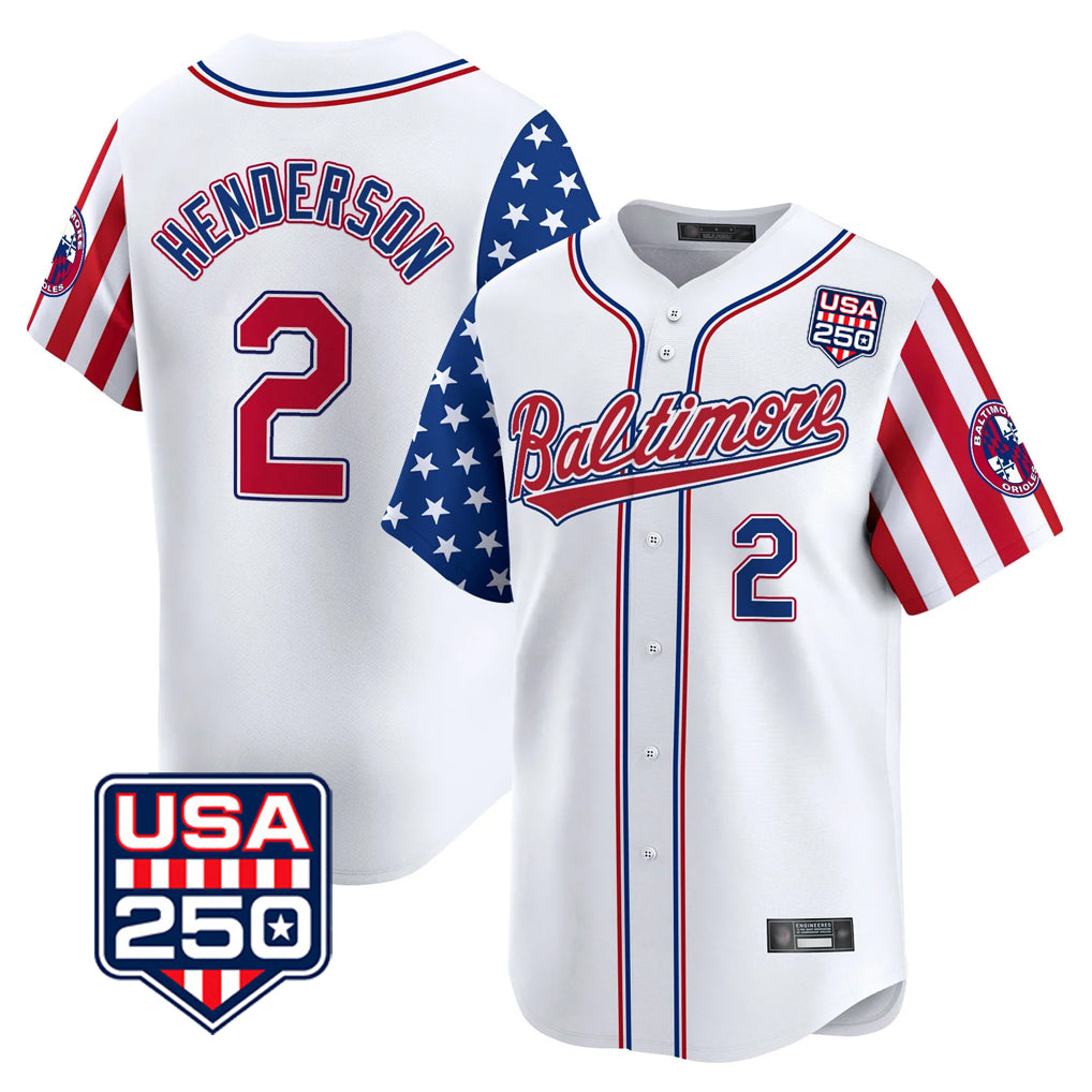 B.Orioles #2 Gunnar Henderson Player White USA 250 Independence Day Vapor Premier Limited Home Game Gdoa Stitched Jerseys