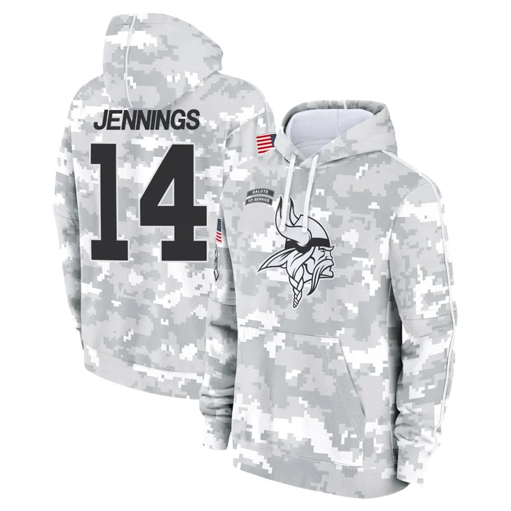 M.Vikings #14 Jauan Jennings Player Arctic Camo Salute to Service Pullover Hoodies Limited Game Gdoa Stitched Jerseys