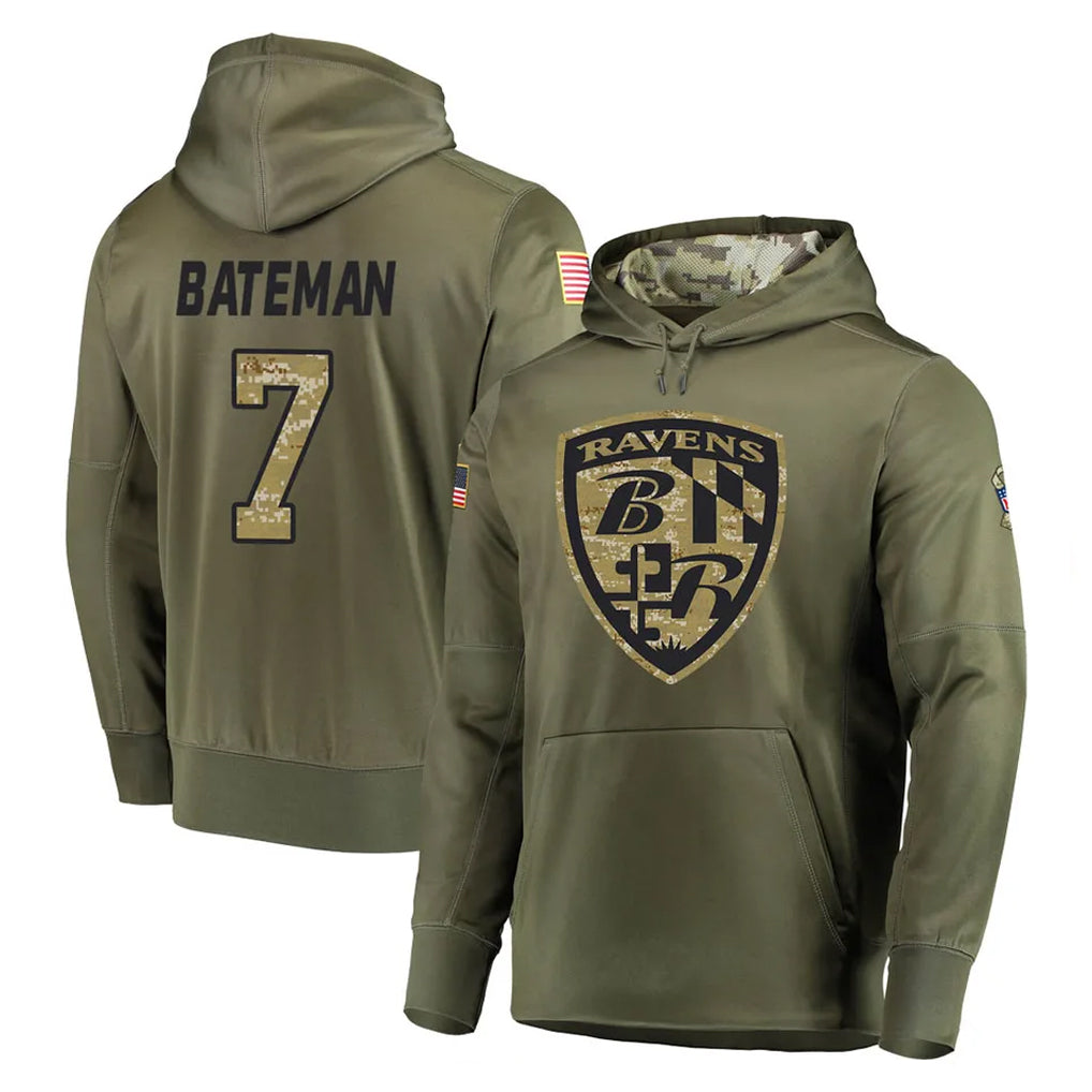 B.Ravens #7 Rashod Bateman Player Olive Salute to Service Pullover Hoodie Gdoa Stitched Jerseys