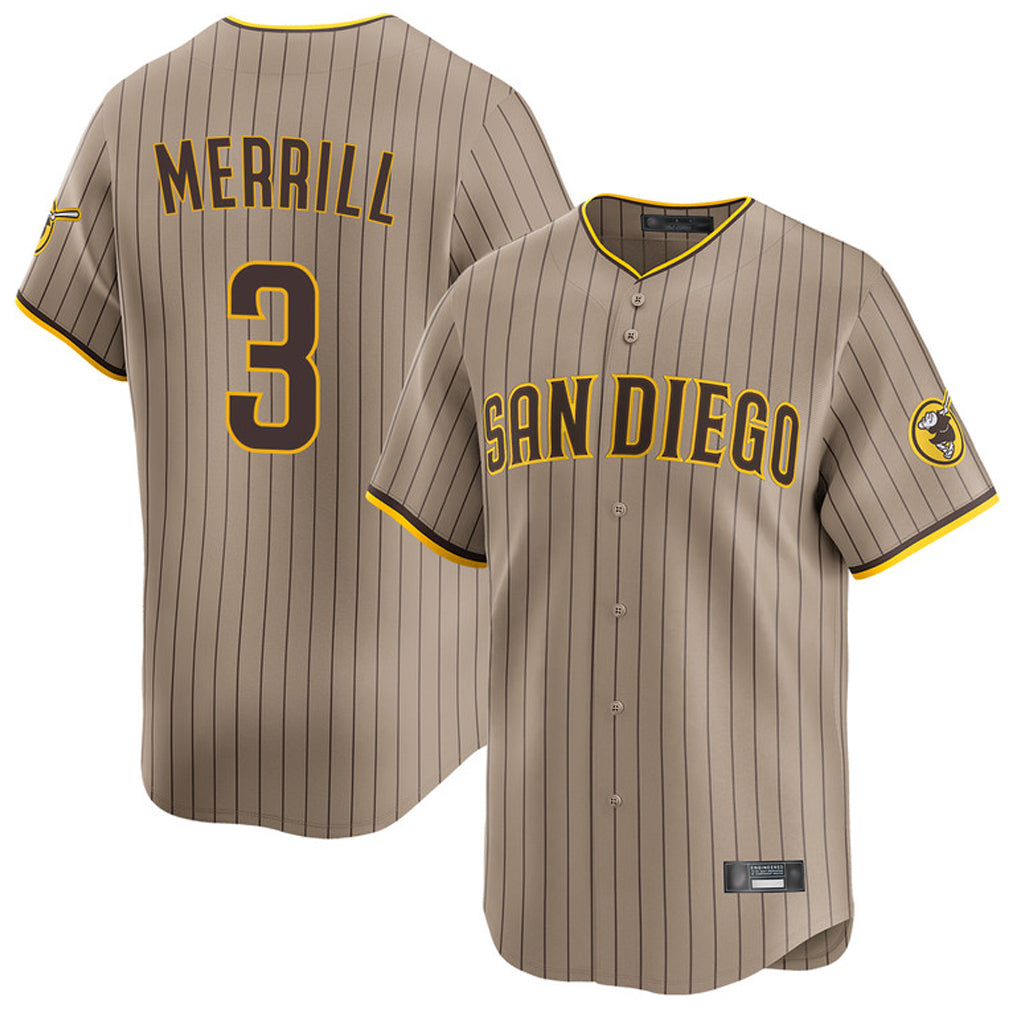 S.Diego Padres #3 Jackson Merrill Player Khaki Home Limited Fdoa Stitched Jerseys