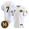 C.Reds #7 Spencer Steer Player White-Gold Vapor Premier Limited Home Gdoa Stitched Jerseys