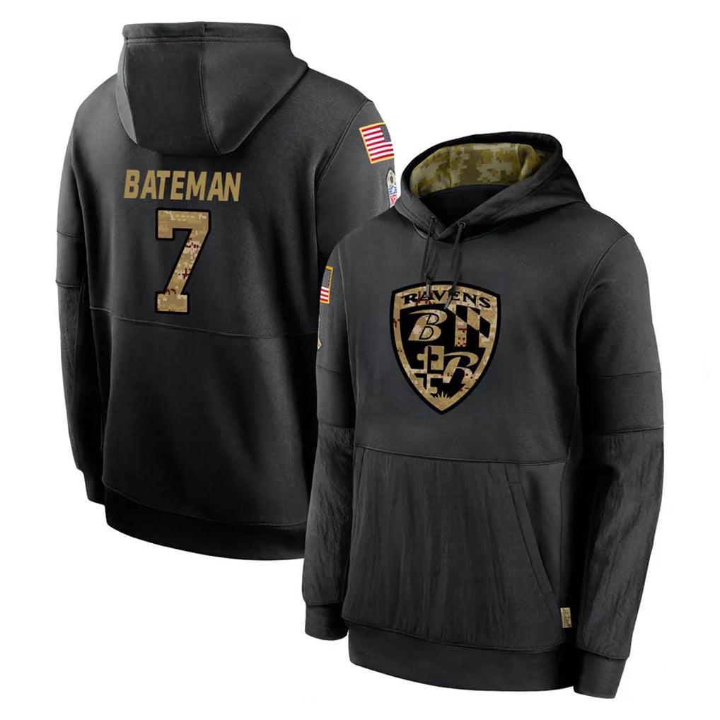 B.Ravens #7 Rashod Bateman Player Black Salute to Service Pullover Hoodie Gdoa Stitched Jerseys