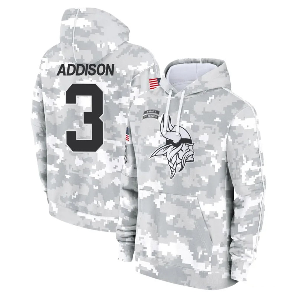 M.Vikings #3 Jordan Addison Player Arctic Camo Salute to Service Pullover Hoodies Limited Game Gdoa Stitched Jerseys