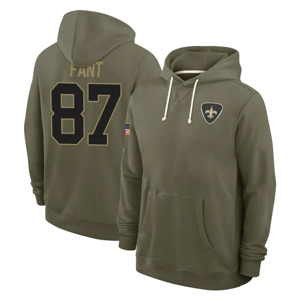 NO.Saints #87 Noah Fant Player Olive Salute to Service Pullover Hoodies Limited Gdoa Stitched Jerseys