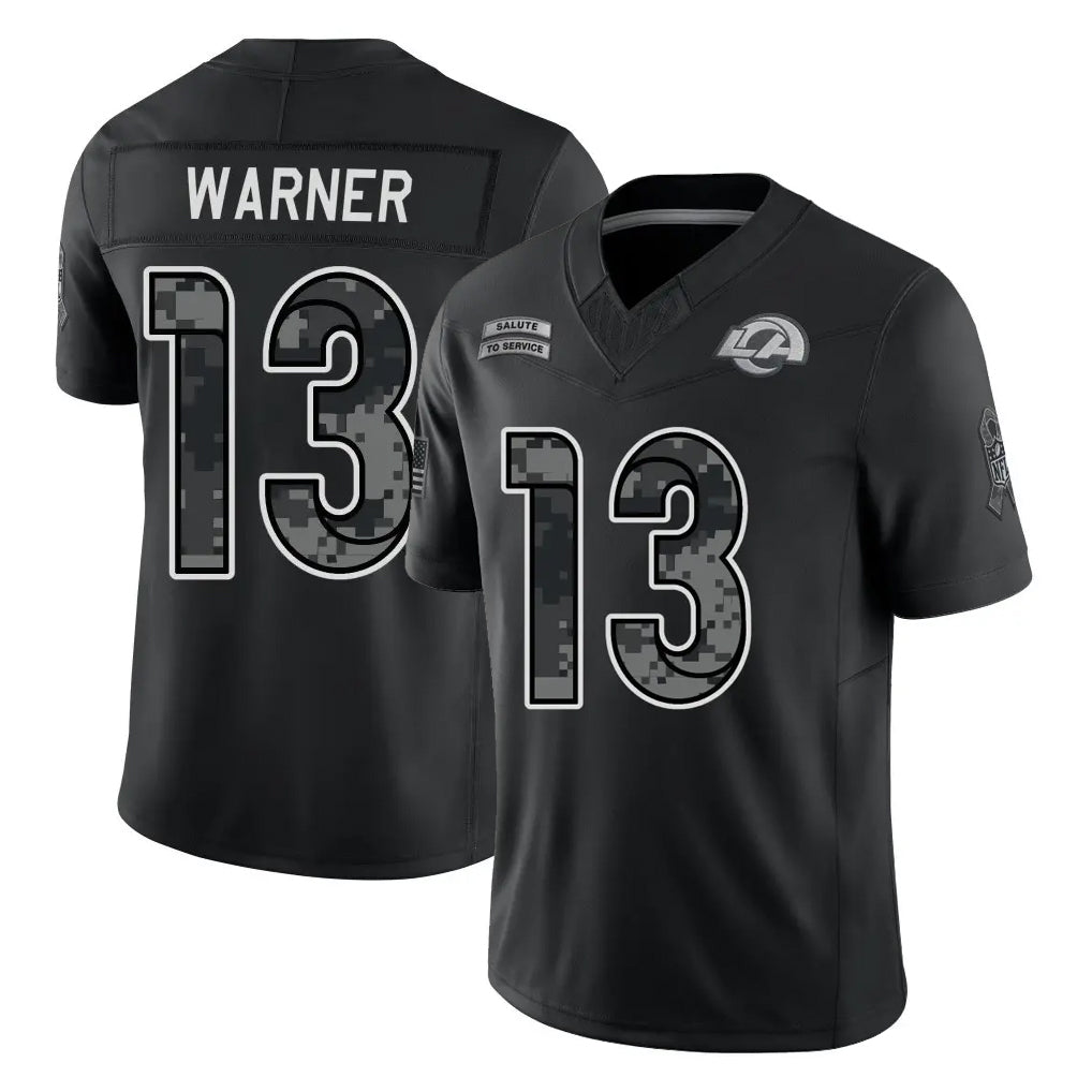 LA.Rams #13 Kurt Warner Player Black Limited 2026 Salute to Service Home Game Gdoa Stitched Jerseys