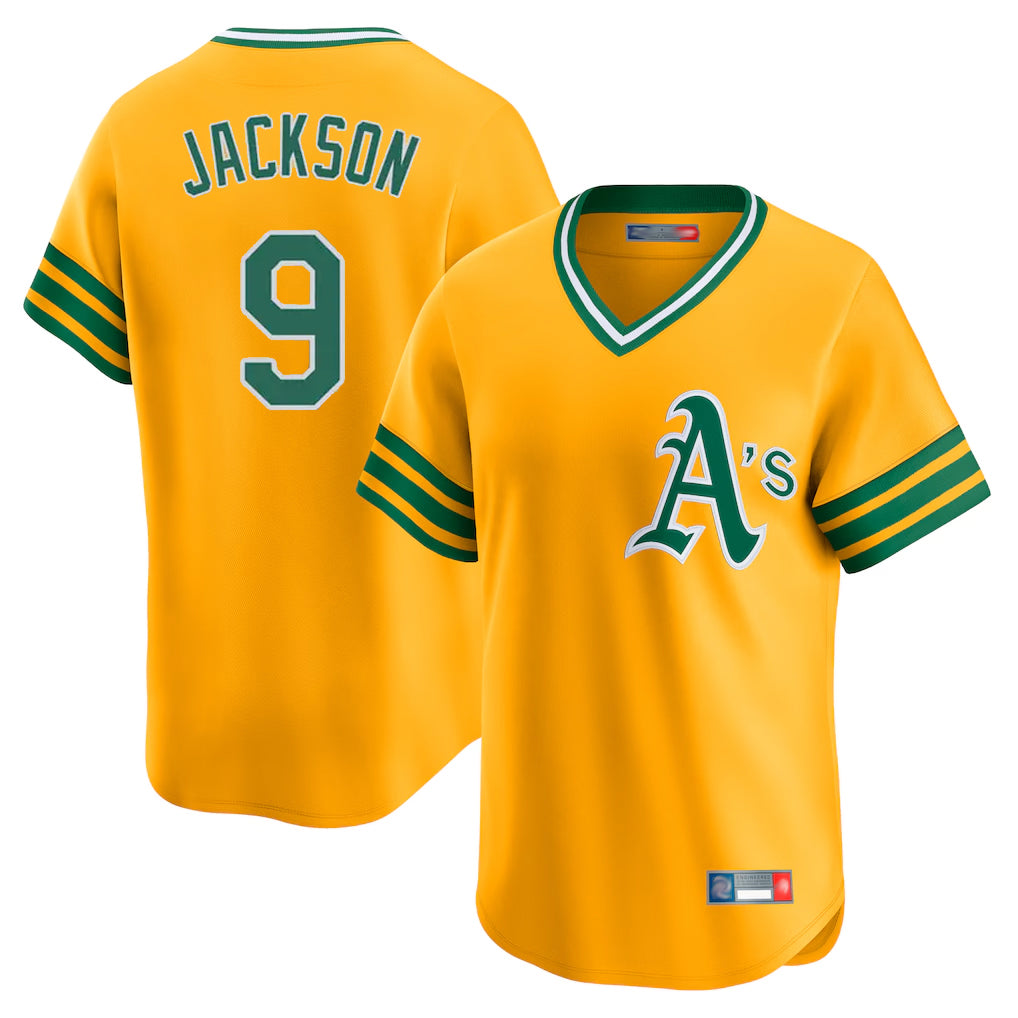Athletics #9 Reggie Jackson Player Gold Cooperstown Collection T-shirt Game Gdoa Stitched Jerseys