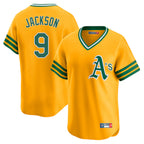 Athletics #9 Reggie Jackson Player Gold Cooperstown Collection T-shirt Game Gdoa Stitched Jerseys