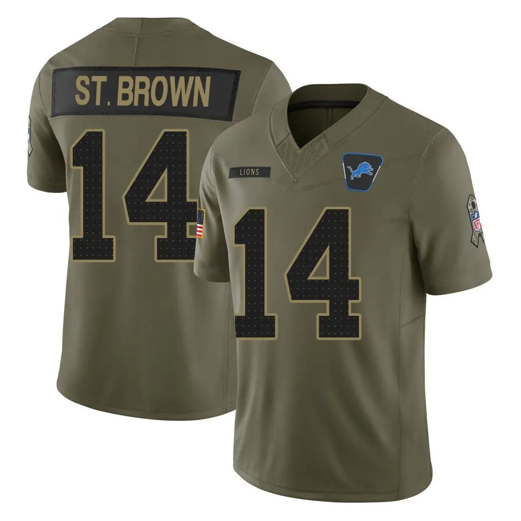 D.Lions #14 Amon-Ra St. Brown Player Olive 2025 Salute To Service Limited Home Game Gdoa Stitched Jerseys