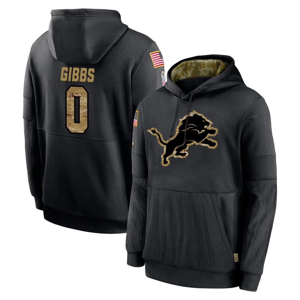 D.Lions #0 Jahmyr Gibbs Player Black Salute to Service Hoodies Limited Game Gdoa Stitched Jerseys