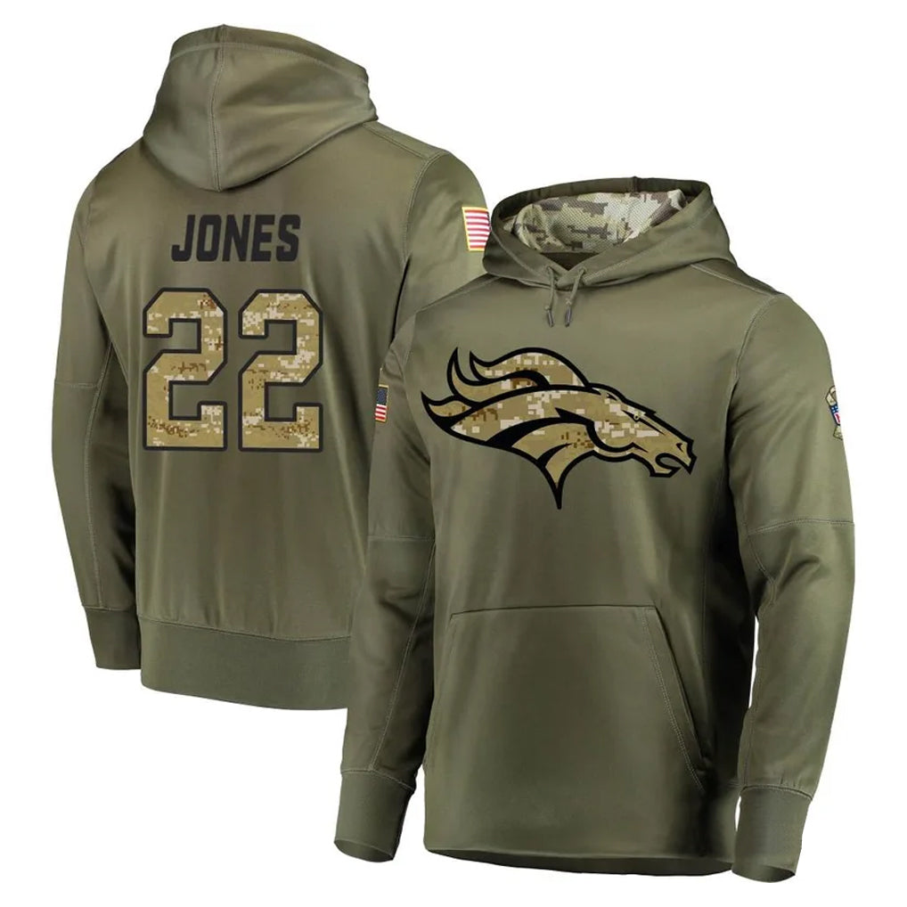 D.Broncos #22 Brandon Jones Player Olive Salute to Service Pullover Hoodies Home Game Gdoa Stitched Jerseys