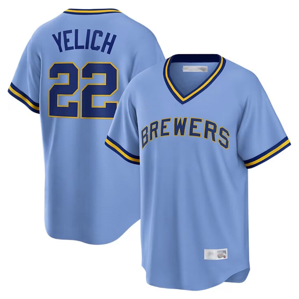 M.Brewers #22 Christian Yelich Player Light Blue Cooperstown Collection Game T-shirt Fdoa Stitched Jerseys