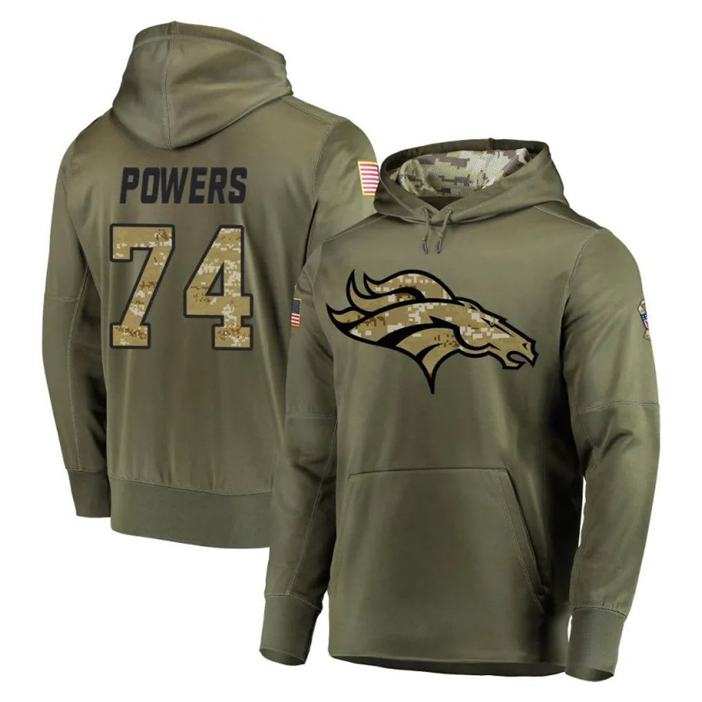 D.Broncos #74 Ben Powers Player Olive Salute to Service Pullover Hoodies Home Game Gdoa Stitched Jerseys