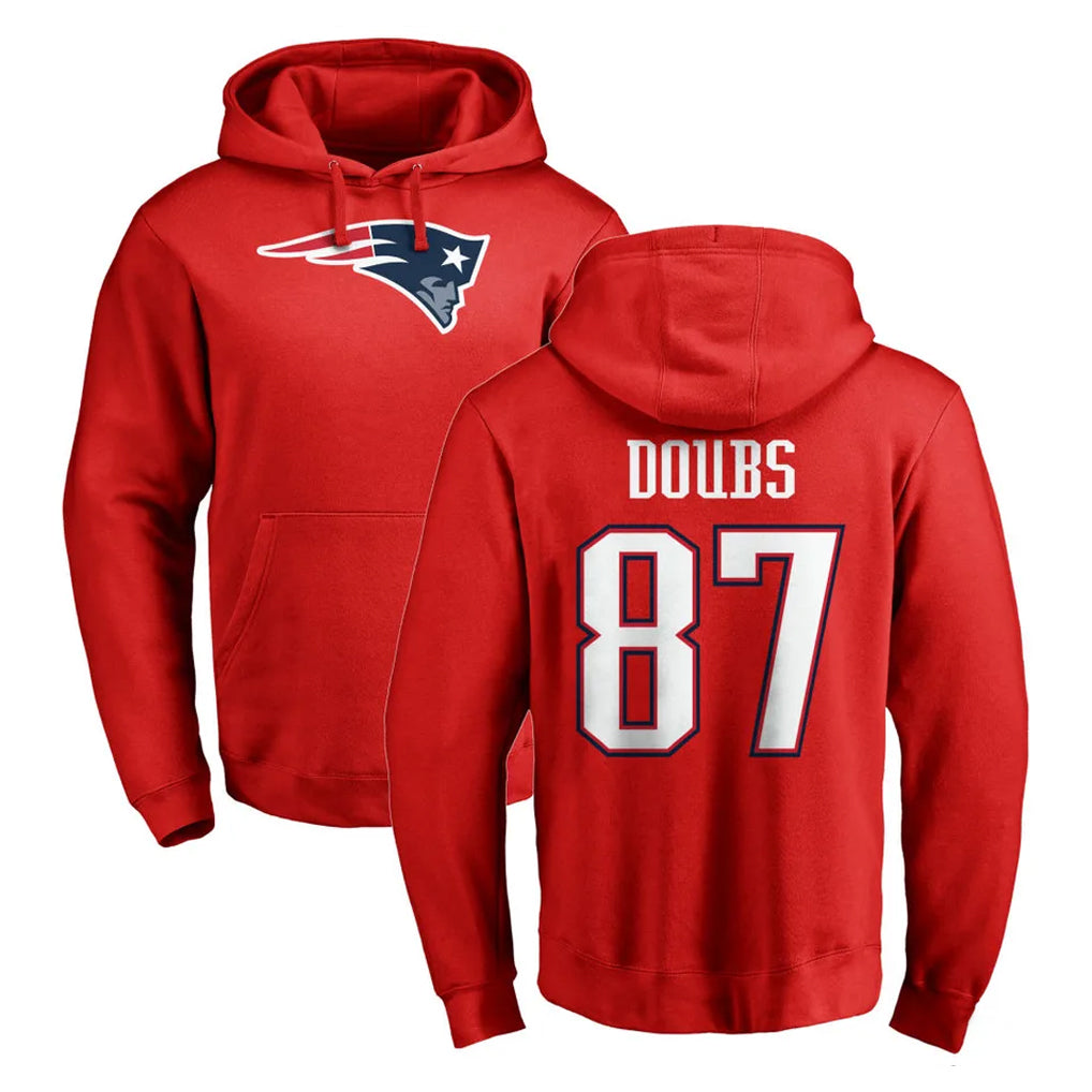 NE.Patriots #87 Romeo Doubs Player Red LOGO Pullover Hoodies Home Game Gdoa Stitched Jerseys