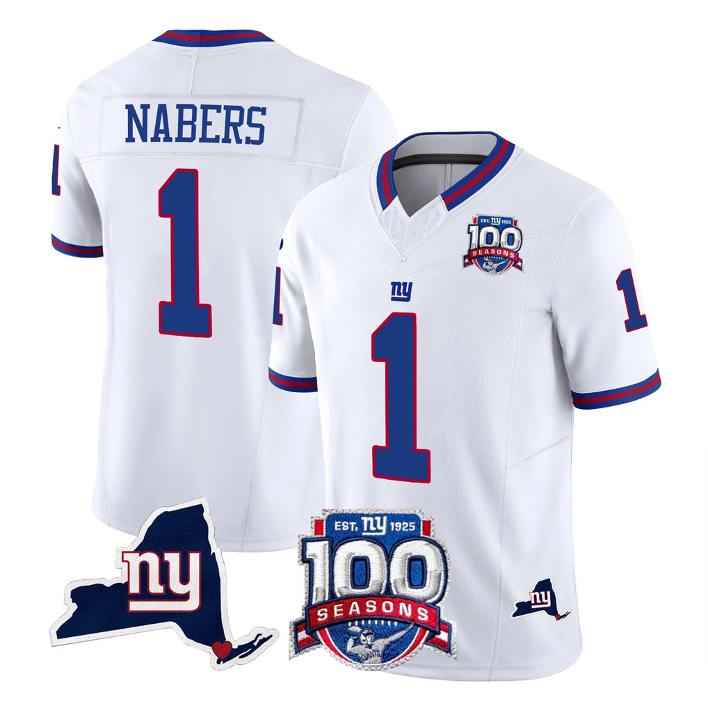 NY.Giants #1 Malik Nabers Player White 100th Season & State Patch Vapor Limited Home Game Gdoa Stitched Jerseys