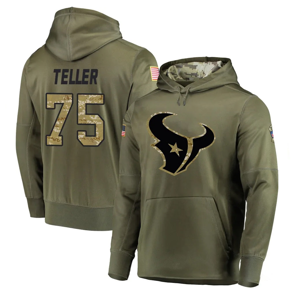 H.Texans #75 Wyatt Teller Player Olive Salute to Service Pullover Hoodies Home Game Gdoa Stitched Jerseys