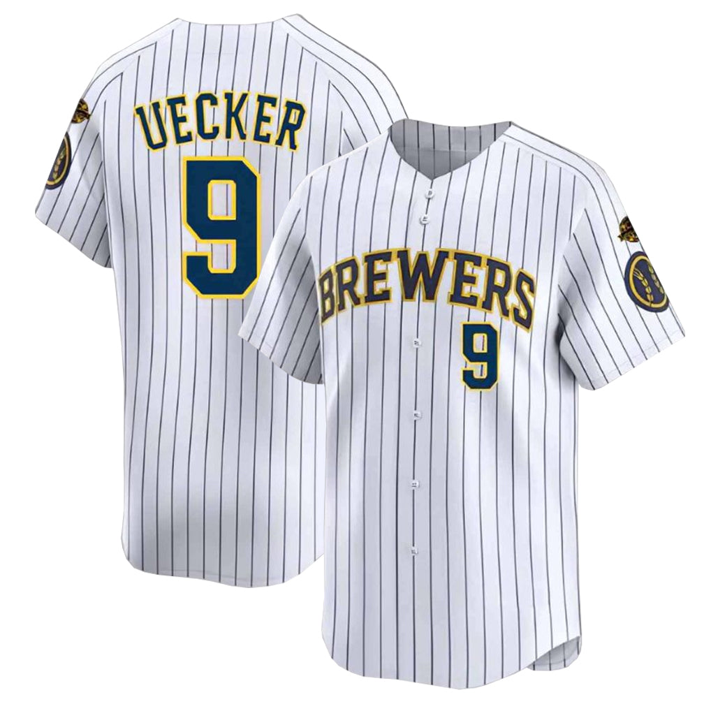 M.Brewers #9 Bob Uecker Player White Stripes Home Limited Game Fdoa Stitched Jerseys