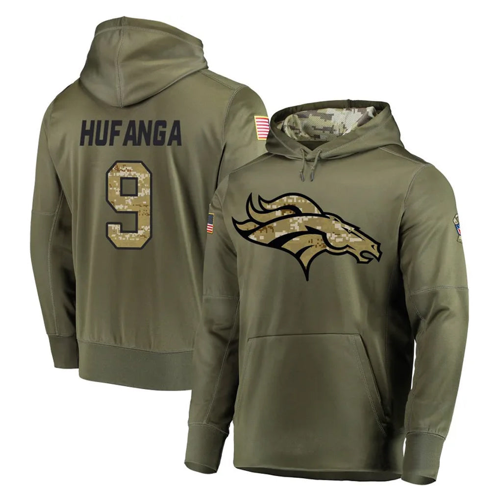 D.Broncos #9 Talanoa Hufanga Player Olive Salute to Service Pullover Hoodies Home Game Gdoa Stitched Jerseys