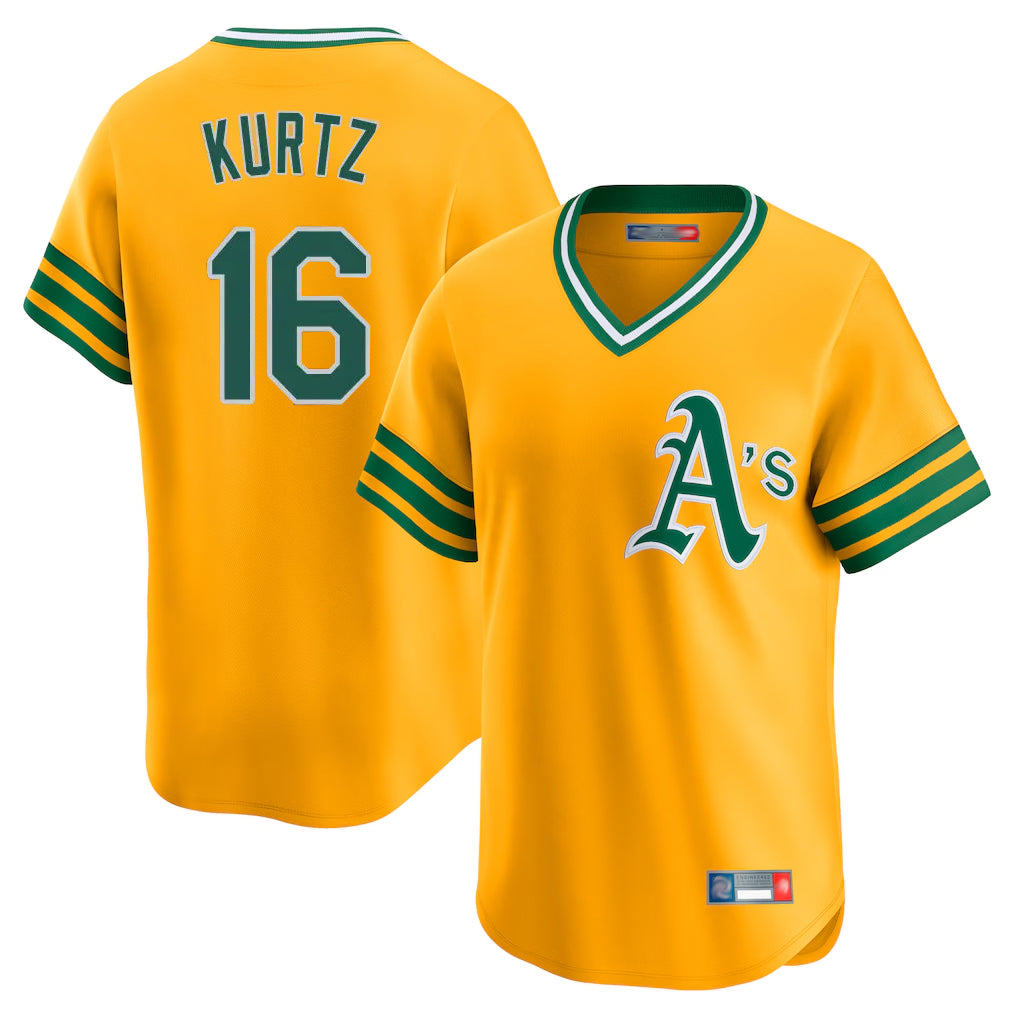 Athletics #16 Nick Kurtz Player Gold Cooperstown Collection T-shirt Game Gdoa Stitched Jerseys