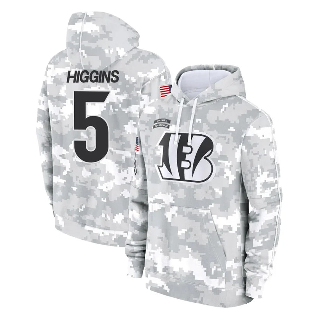 C.Bengals #5 Tee Higgins Player Arctic Camo Salute to Service Pullover Hoodie Limited Gdoa Stitched Jerseys