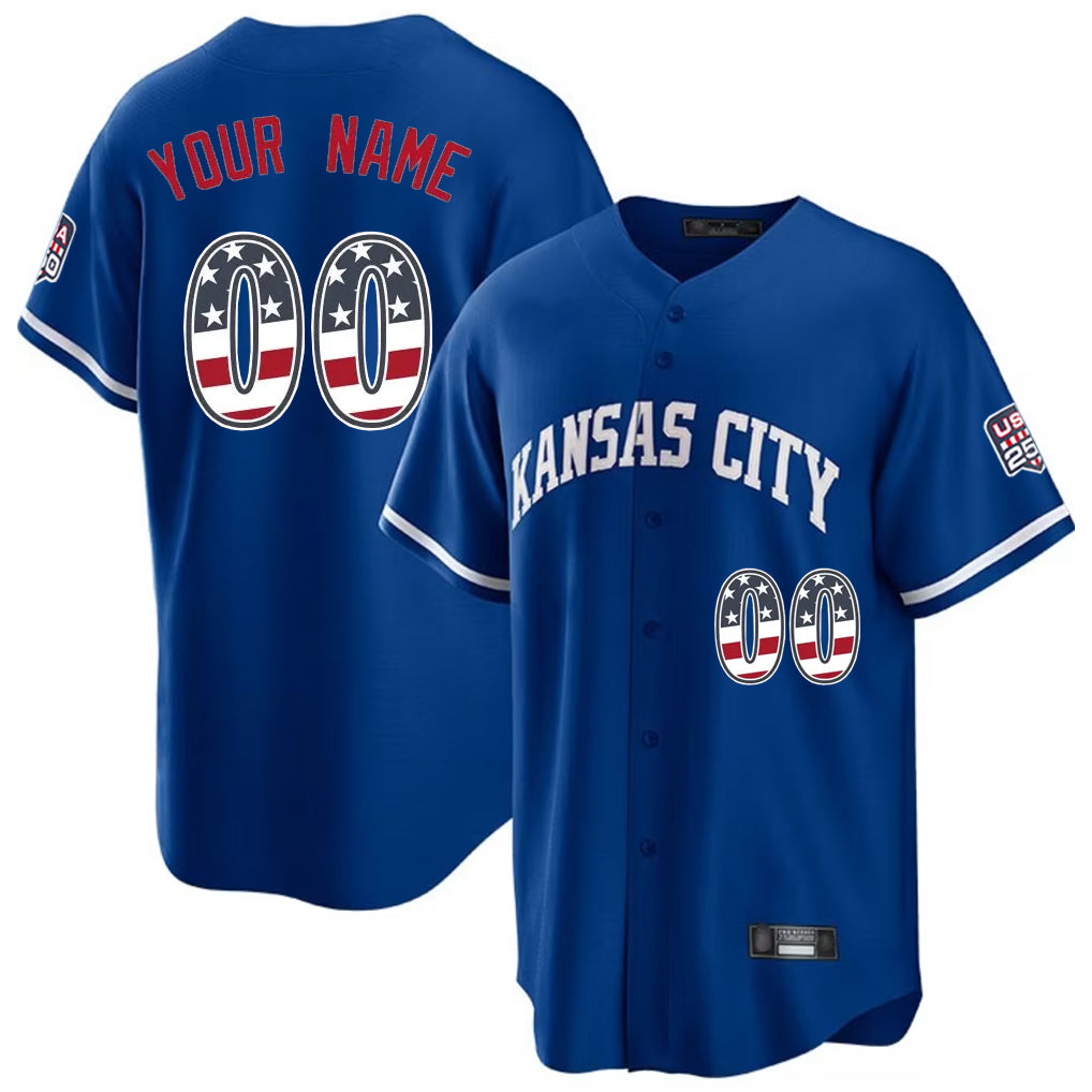 Custom KC.Royals Royal USA 250 Fourth of July Limited Home Game Any Name & Number Gdoa Stitched Jerseys