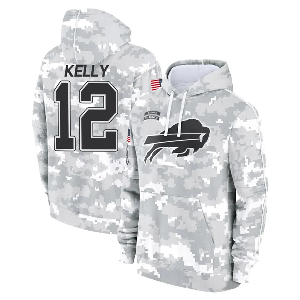 B.Bills #12 Jim Kelly Player Arctic Camo Salute to Service Hoodies Limited Gdoa Stitched Jerseys