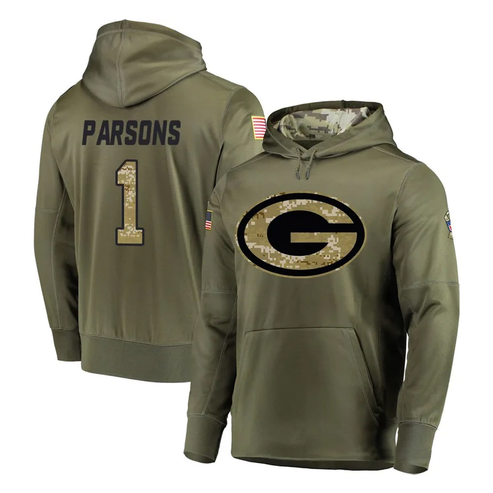GB.Packers #1 Micah Parsons Player Olive Salute to Service Pullover Hoodies Home Game Gdoa Stitched Jerseys