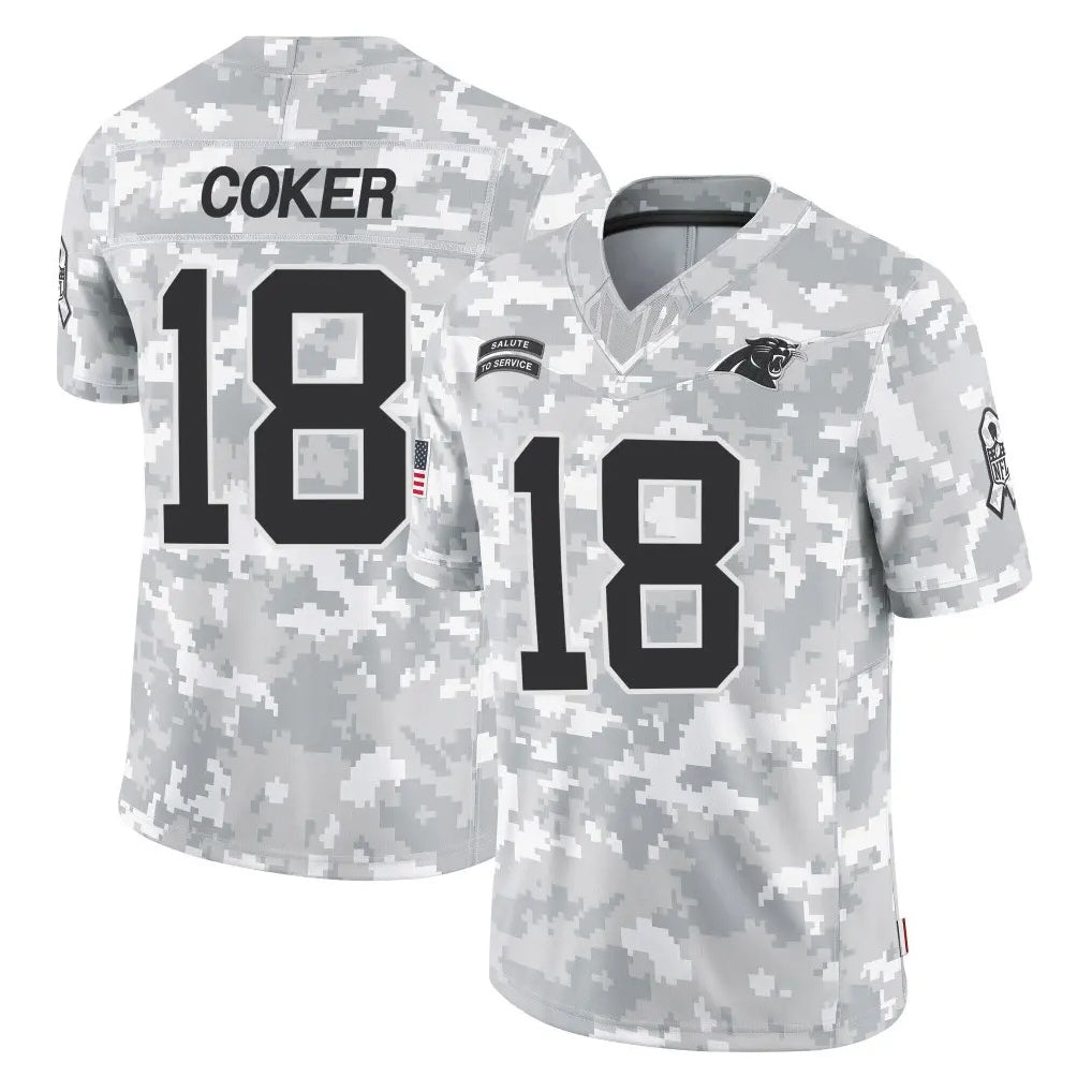 C.Panthers #18 Jalen Coker Player Arctic Camo Salute to Service Limited Game Gdoa Stitched Jerseys