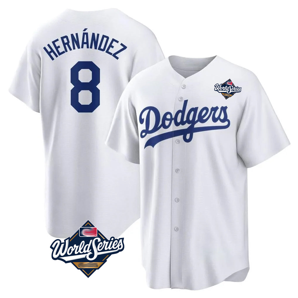 LA.Dodgers #8 Enrique Hern¨¢ndez Player White World Series Game Home Fdoa Stitched Jerseys