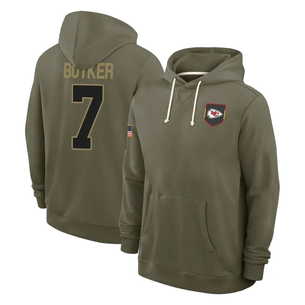 KC.Chiefs #7 Harrison Butker Player Olive Salute to Service Pullover Hoodies Limited Gdoa Stitched Jerseys