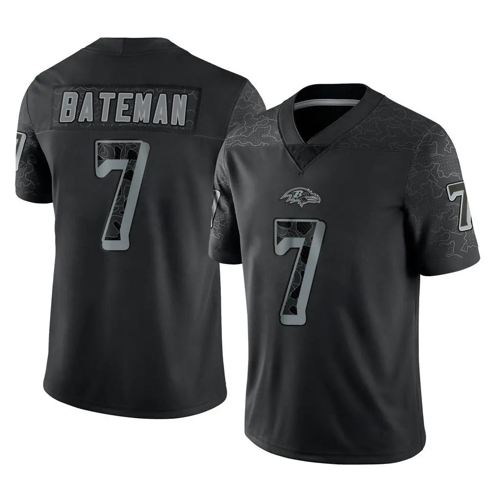B.Ravens #7 Rashod Bateman Player Black REFLECTIVE Limited Gdoa Stitched Jerseys