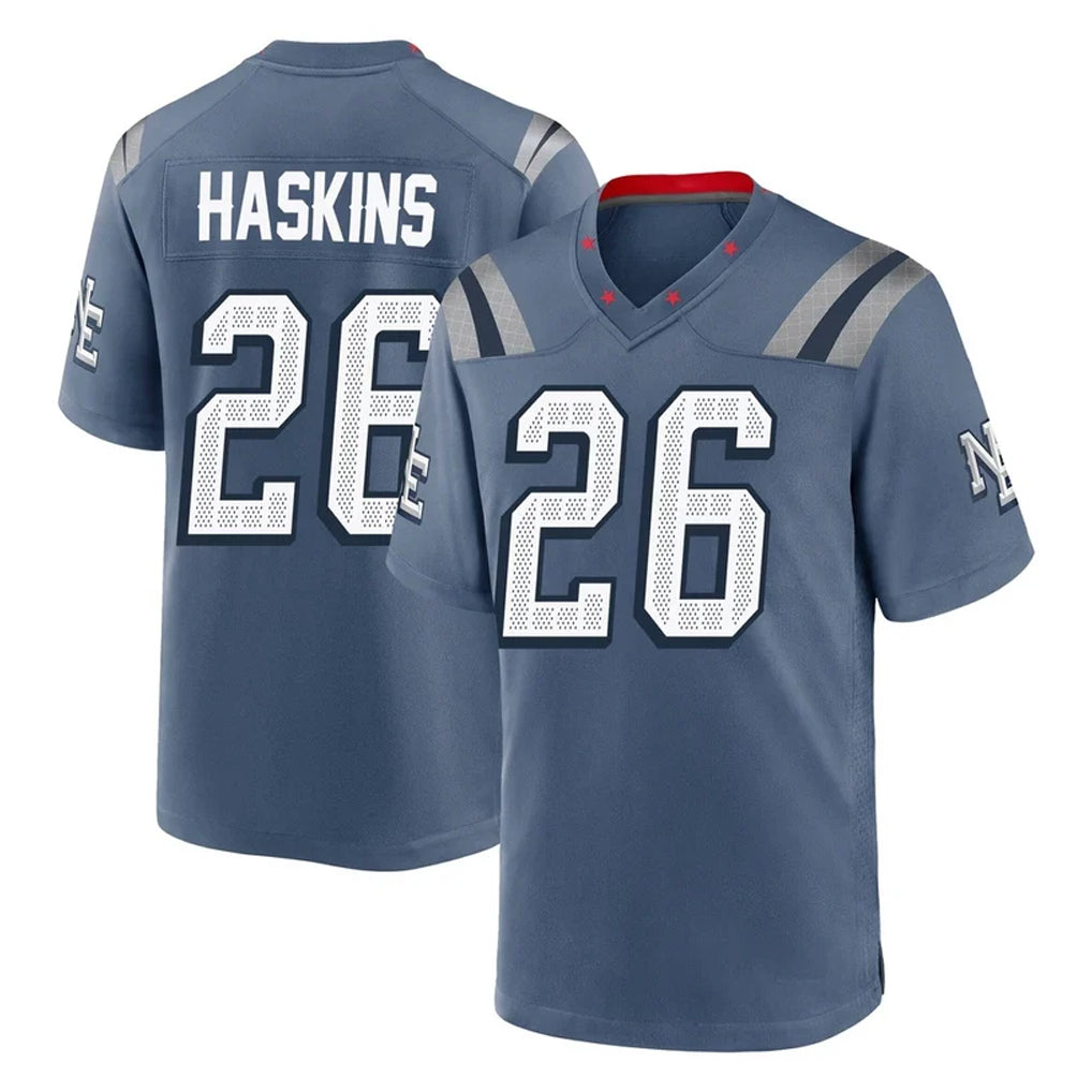 NE.Patriots #26 Hassan Haskins Player Blue Rivalries Collection Home Game Gdoa Stitched Jerseys