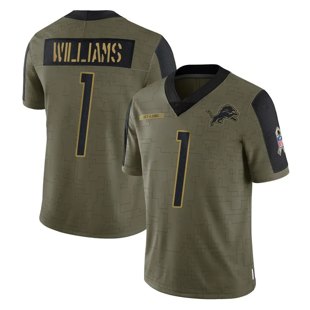 D.Lions #1 Jameson Williams Player Olive Salute To Service Limited Game Gdoa Stitched Jerseys