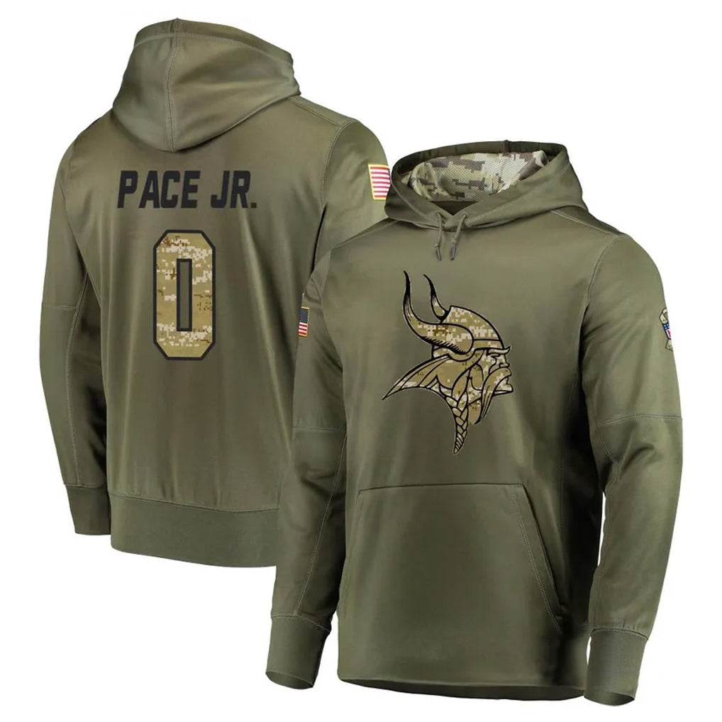 M.Vikings #0 Ivan Pace Jr. Player Olive Salute to Service Pullover Hoodies Home Game Gdoa Stitched Jerseys