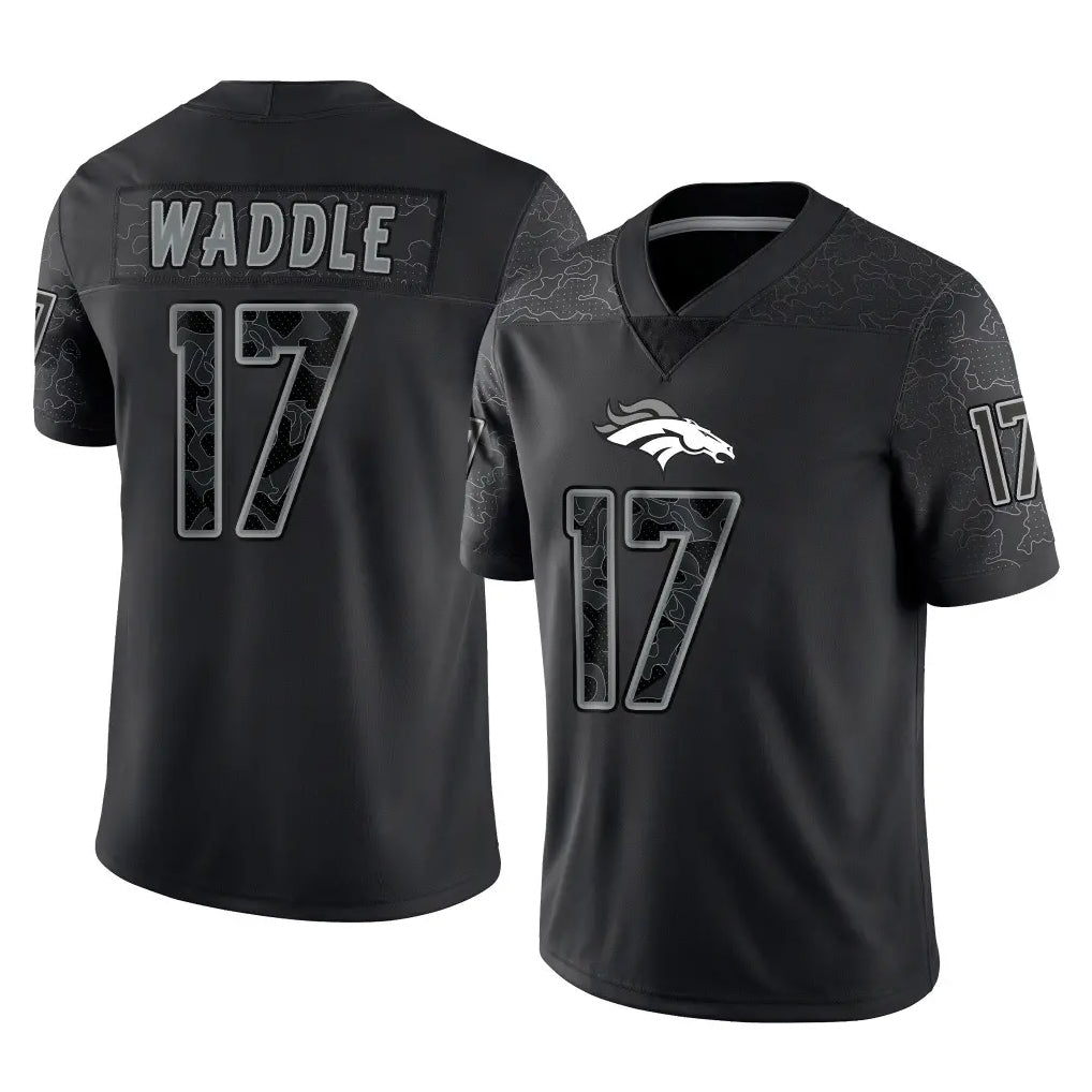 D.Broncos #17 Jaylen Waddle Player Black Reflective Limited Gdoa Stitched Jerseys