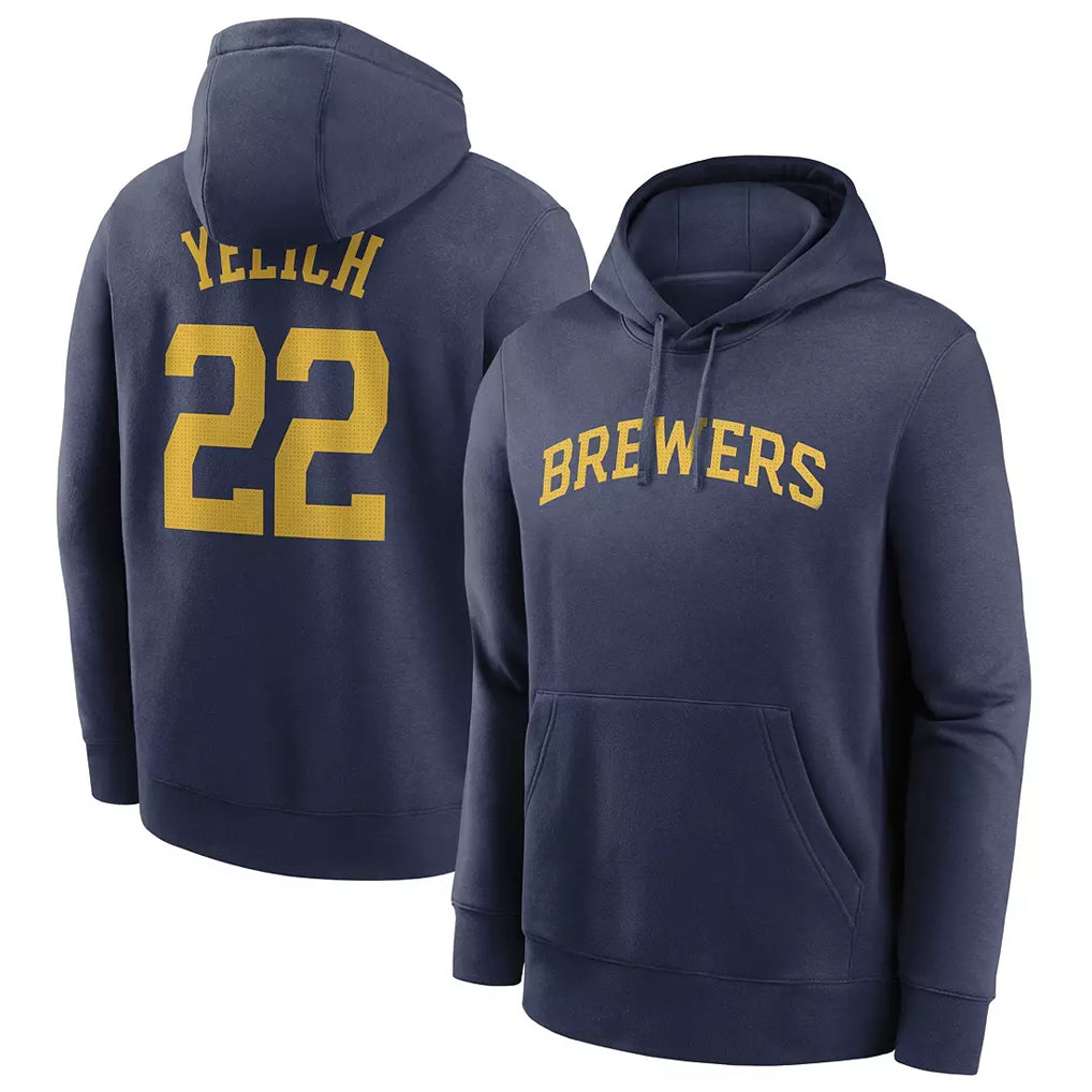 M.Brewers #22 Christian Yelich Player Navy Club Pullover Hoodie Game Fdoa Stitched Jerseys