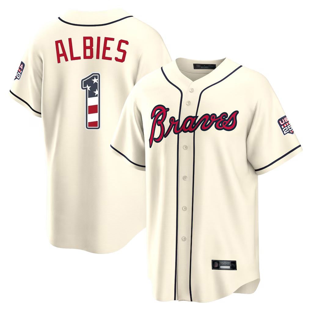 A.Braves #1 Ozzie Albies Player Cream USA 250 Fourth Of July Limited Home Game Gdoa250Ys Stitched Jerseys