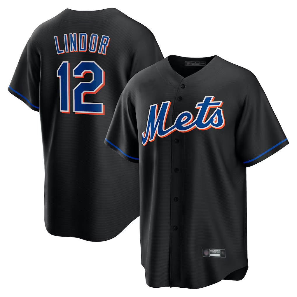 NY.Mets #12 Francisco Lindor Player Black Replica Home Game Fdoa Stitched Jerseys