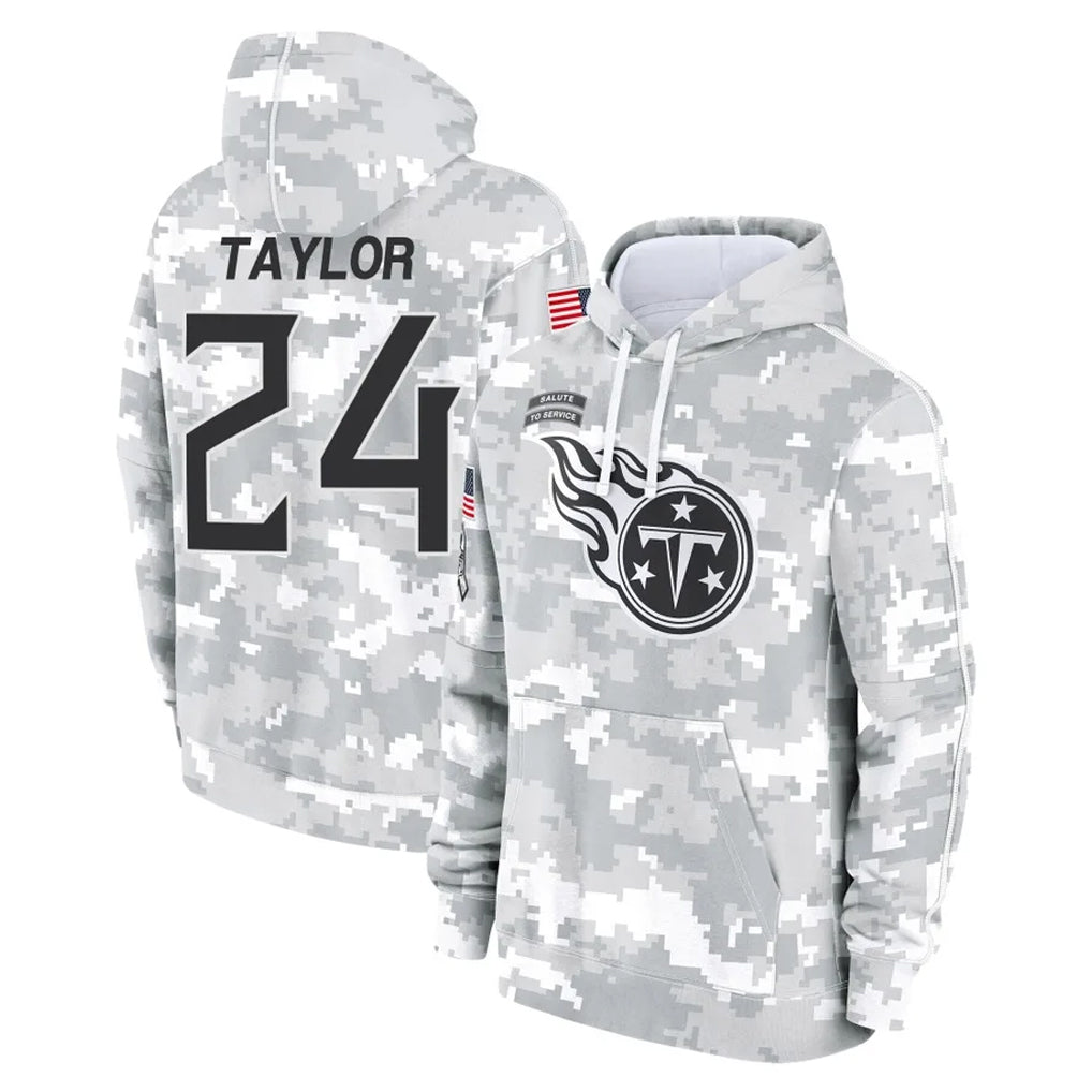 T.Titans #24 Alontae Taylor Player Camo Arctic Salute to Service Pullover Hoodies Home Game Gdoa Stitched Jerseys