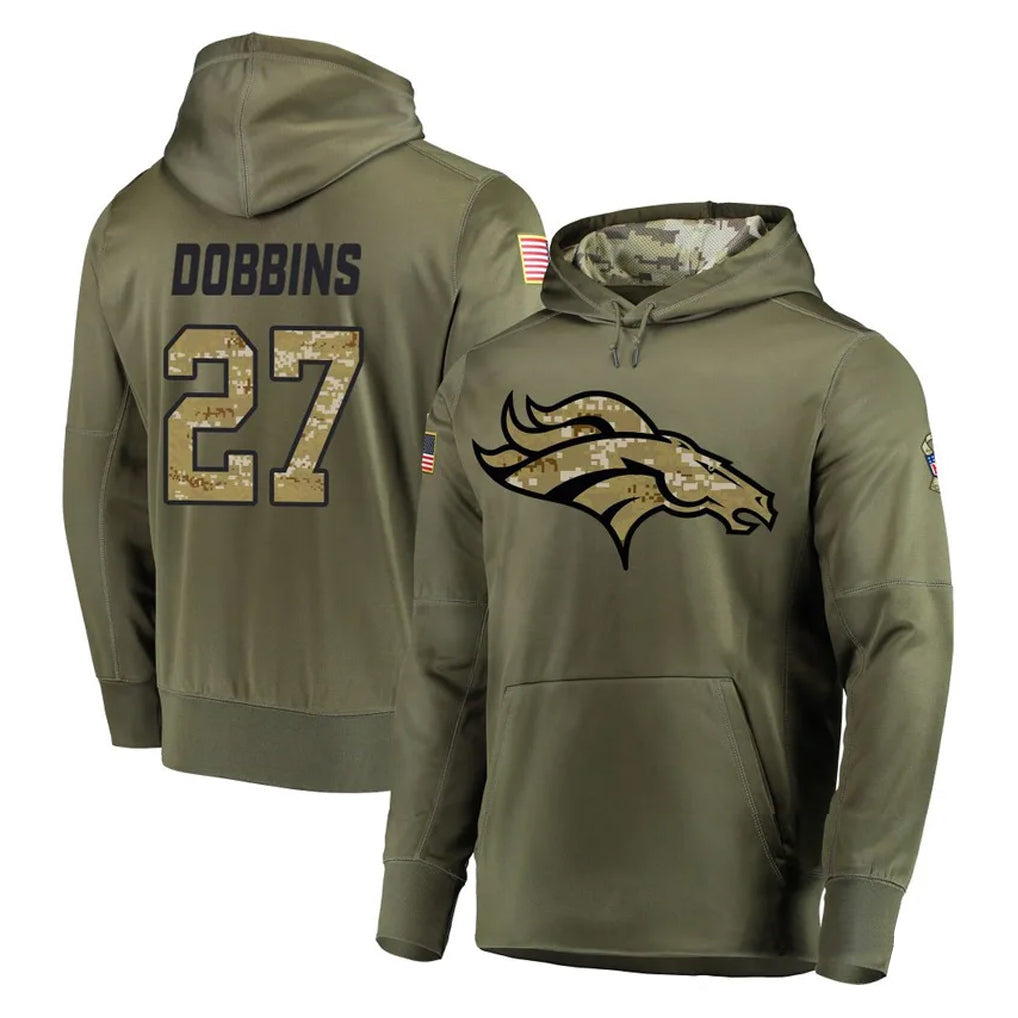 D.Broncos #27 J.K. Dobbins Player Olive Salute to Service Pullover Hoodies Home Game Gdoa Stitched Jerseys